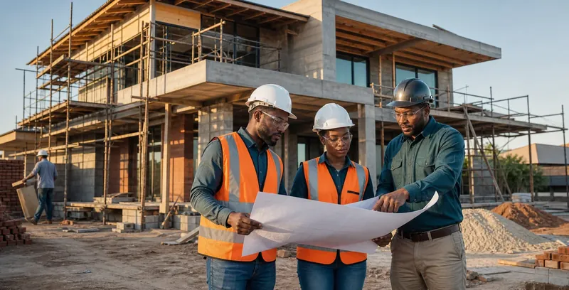 Construction professionals reviewing plans at a residential building site