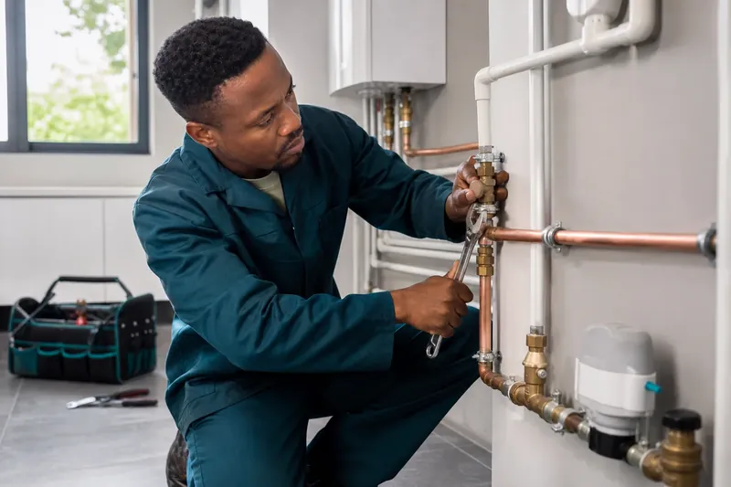 Professional plumber working on modern residential pipework